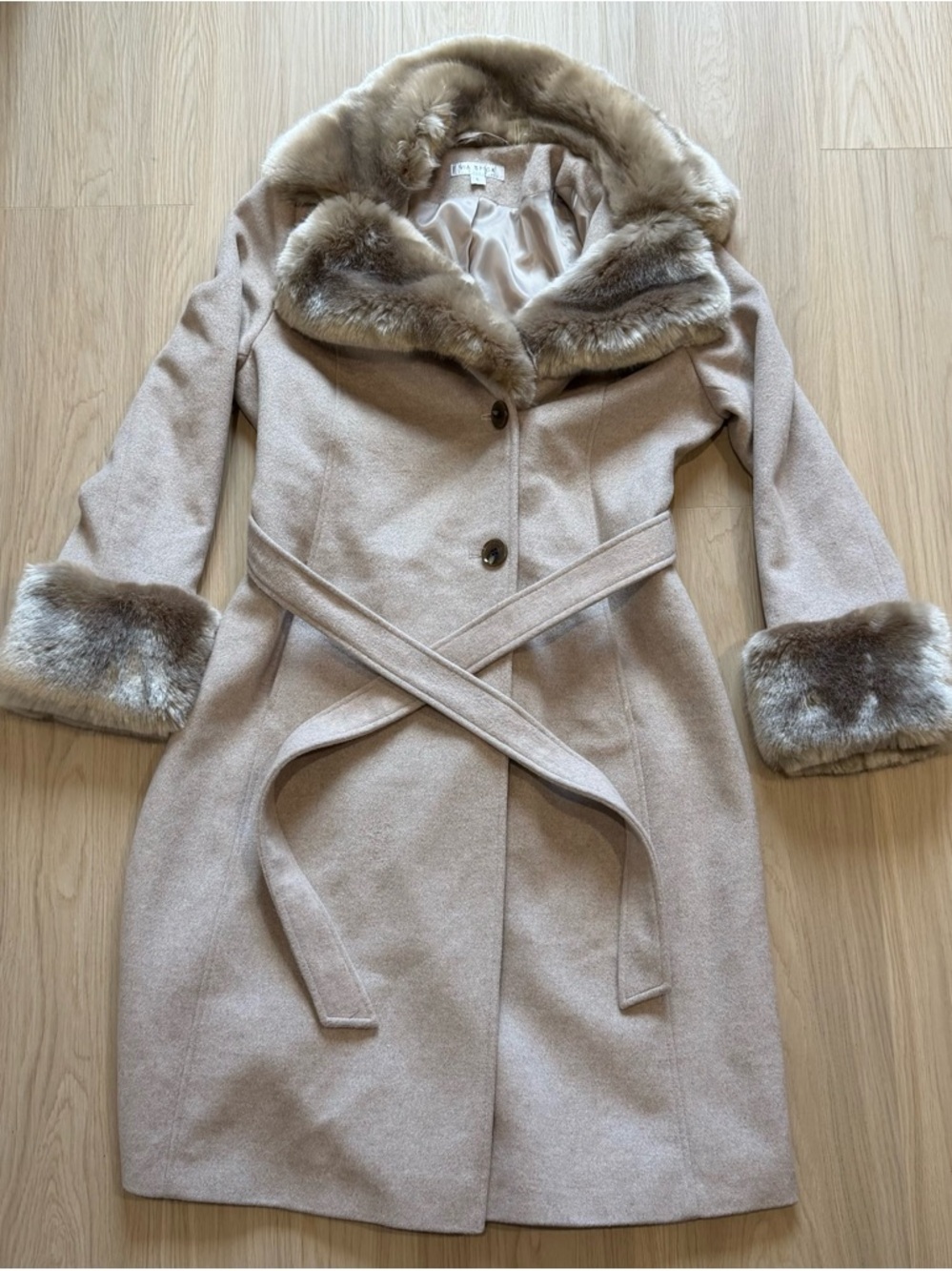Via Spiga Light Beige Trench Coat with Faux Fur Collar & Cuffs